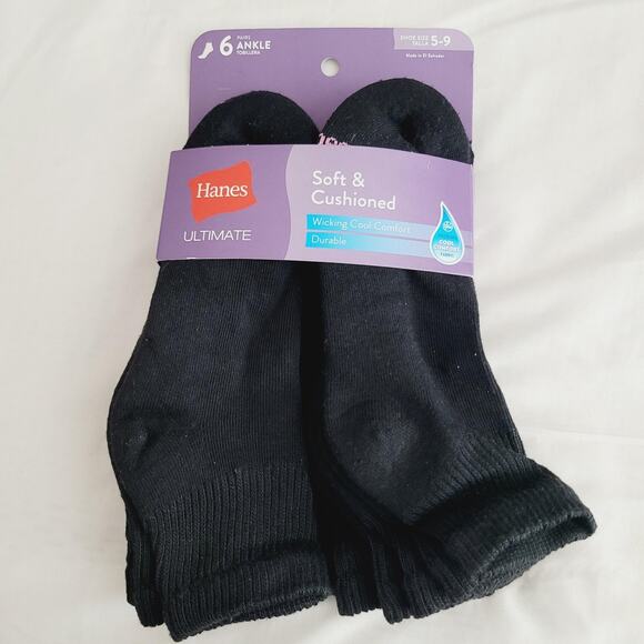 Hanes Socks Womens Shoe Size 5-9 Black Ultimate Soft Cushioned Ankle 6 Pairs - Picture 1 of 4